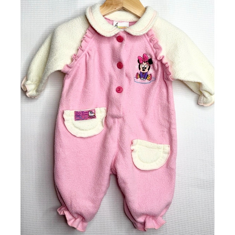 Vintage Disney Babies Ice Skating Minnie Mouse Pink Fleece Romper 6-9 Months